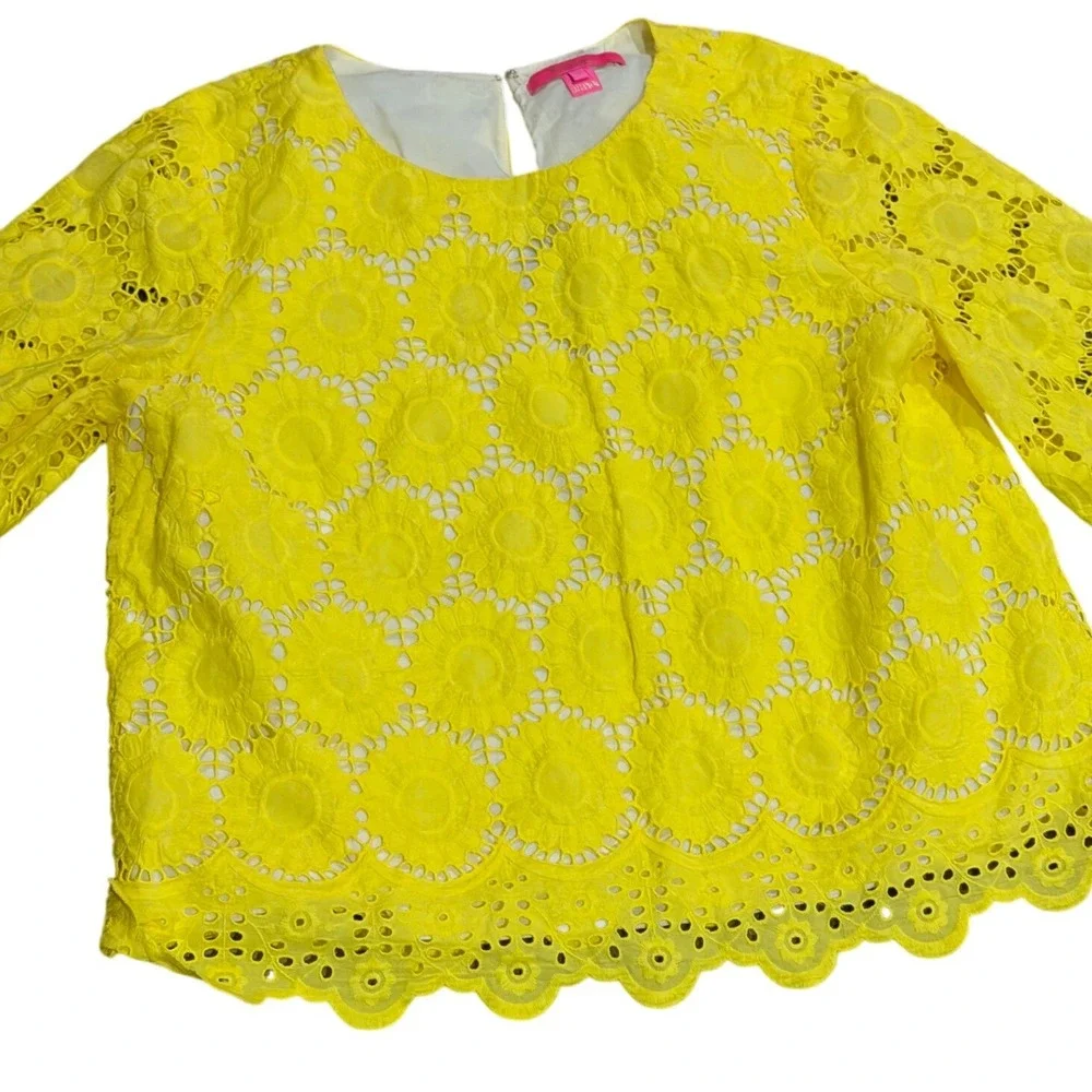 Lilly Pulitzer Yellow Eyelet Lace Blouse 3/4 Sleeve Scalloped Top Mariella XL - Picture 7 of 10